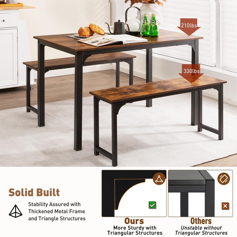 Dining Table Set for 4, 3-Piece Kitchen Table with 2 Benches, 43.5’’ Space Sa... gallery