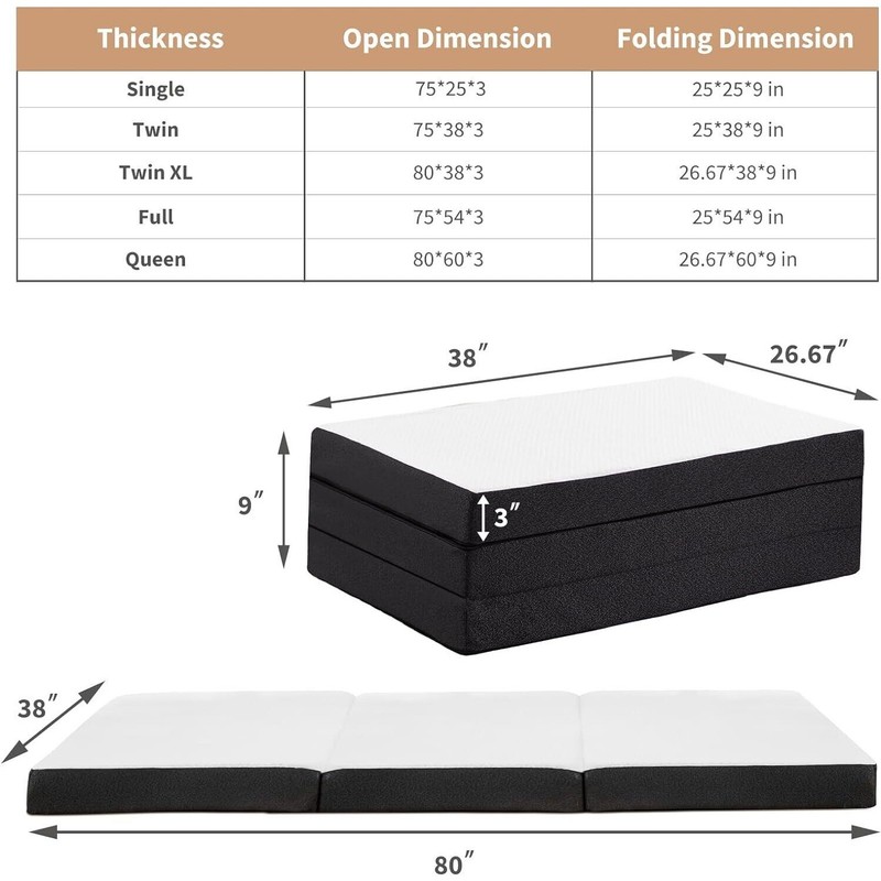 Tri-Fold Folding Mattress 3 inch Memory Foam Mattress Topper with Washable Cover gallery