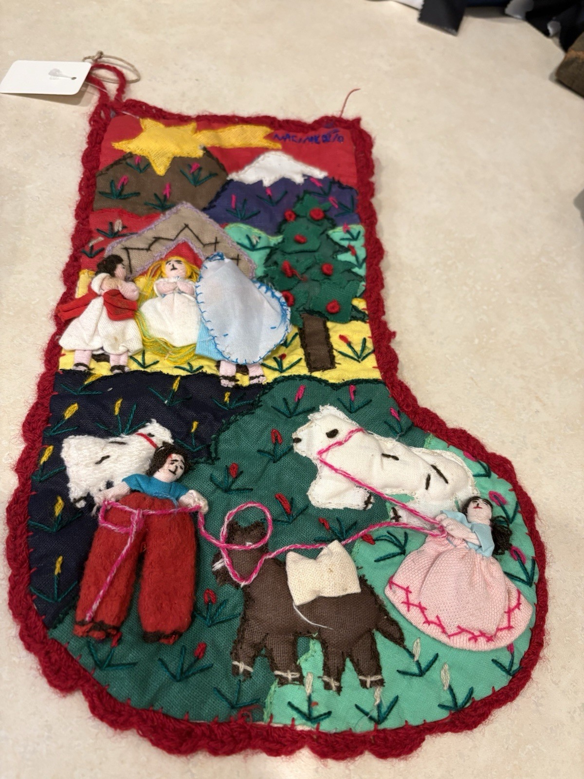 VTG Handmade Peru Christmas Stocking 3D Andean Village Nativity Birth Jesus NWT gallery