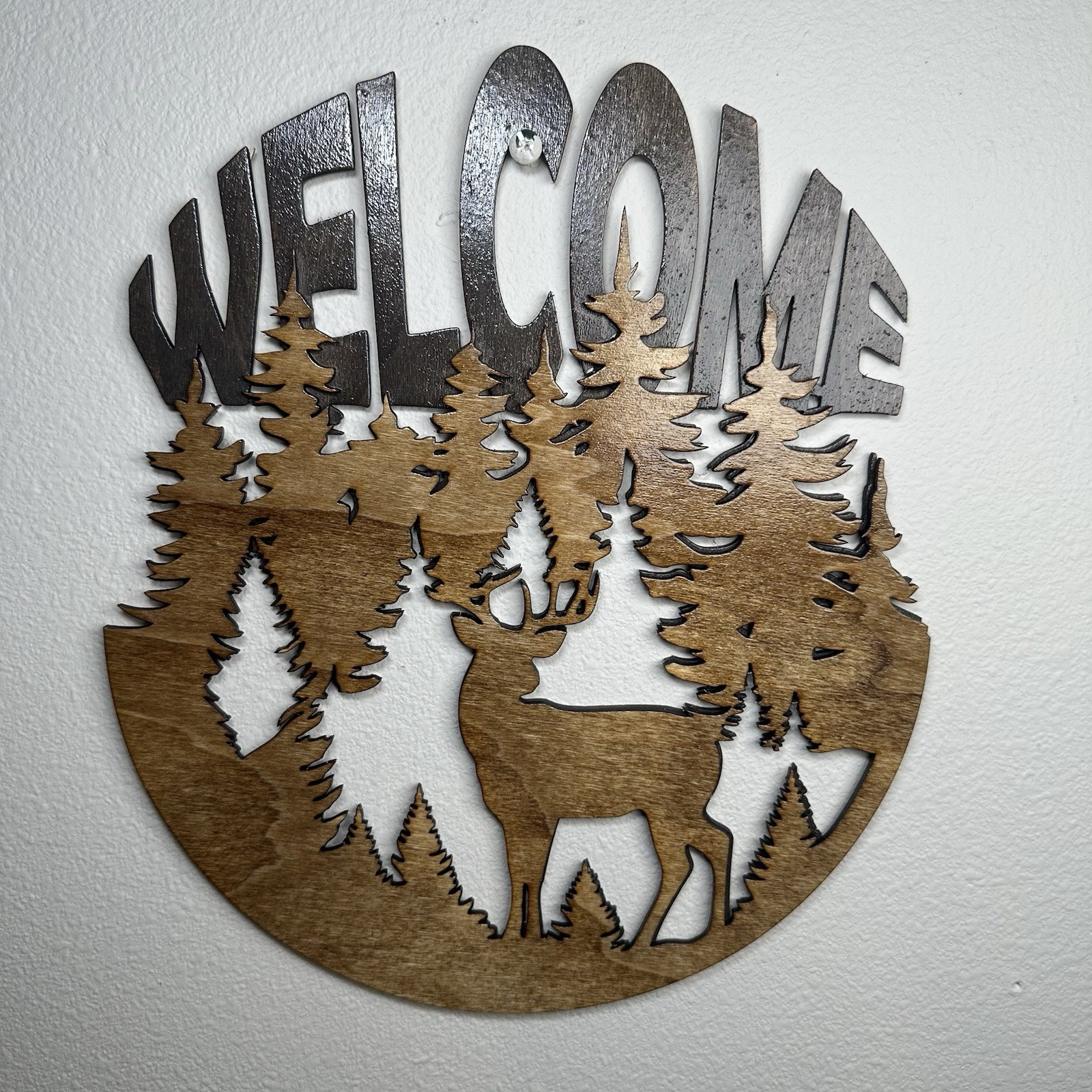Rustic Woodland Welcome Sign Deer Forest Trees Laser Cut Cabin Wall Decor 11"x9" gallery