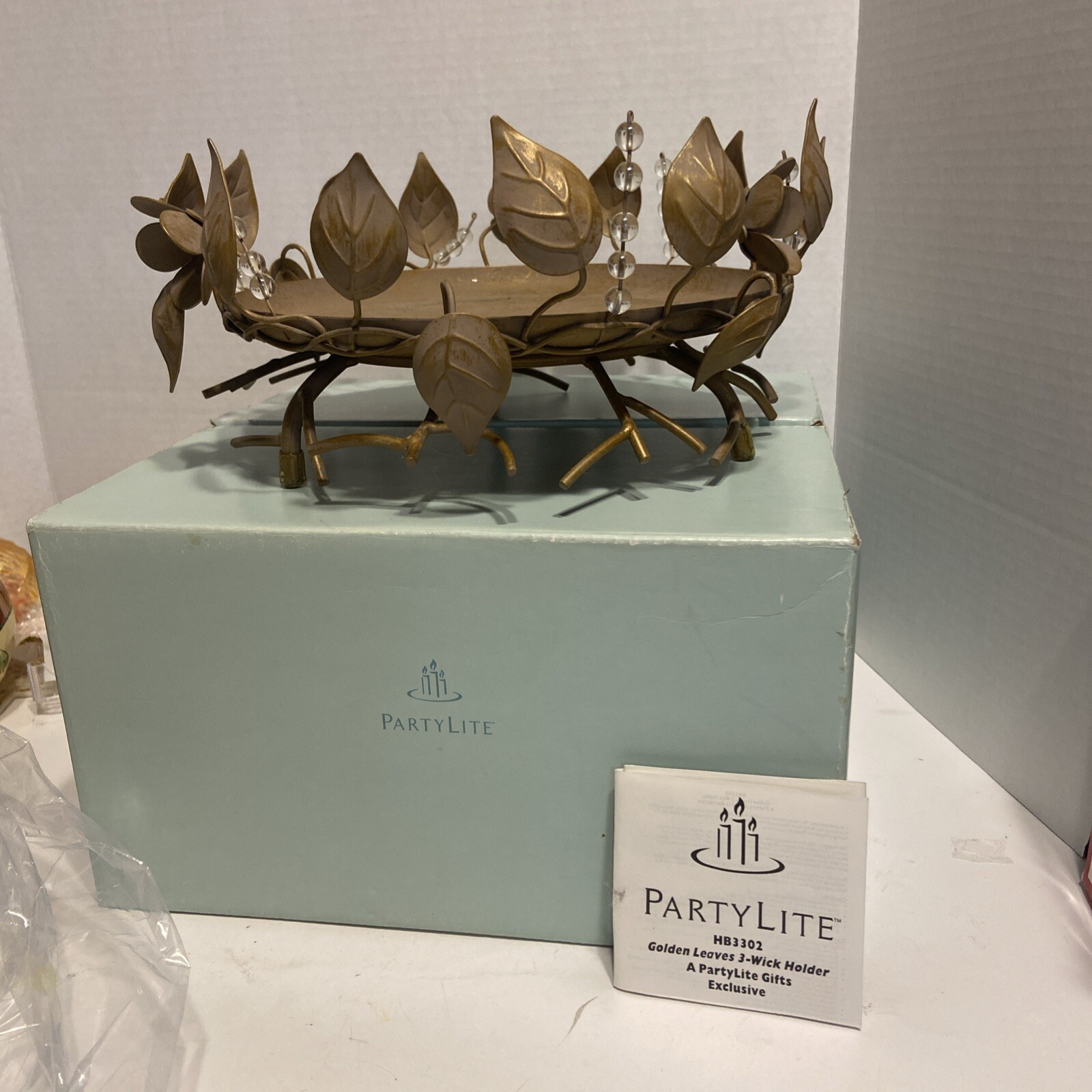 PartyLite Gold Leaf 3 Wick Candle Holder Centerpiece Metal Fall Decor gallery