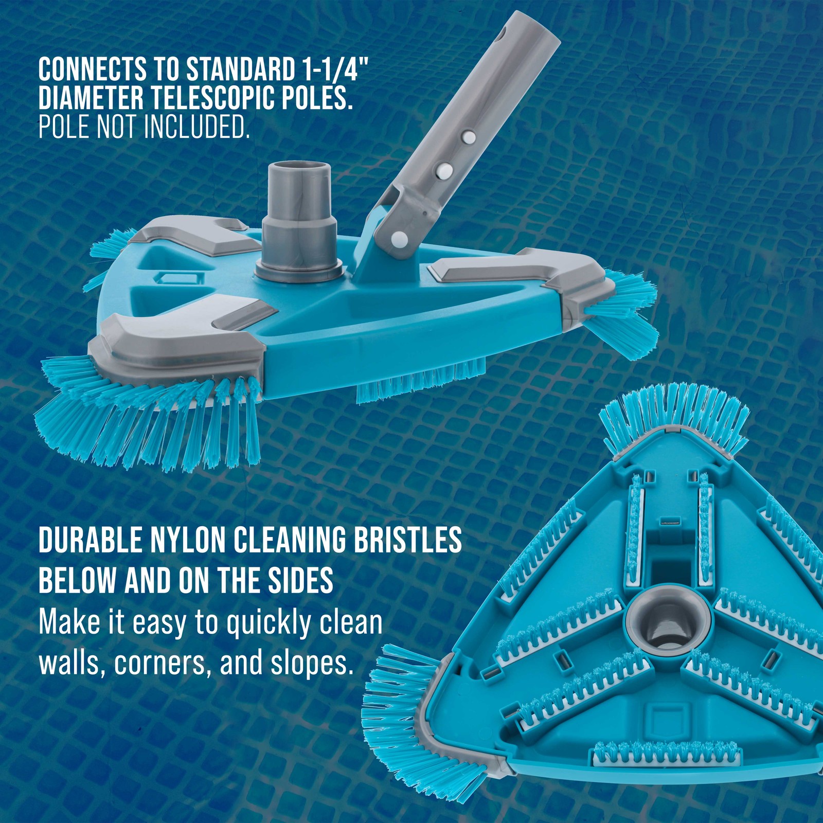 Deluxe Weighted Triangular Pool Vacuum Head with Side Brushes, Swivel Connection gallery