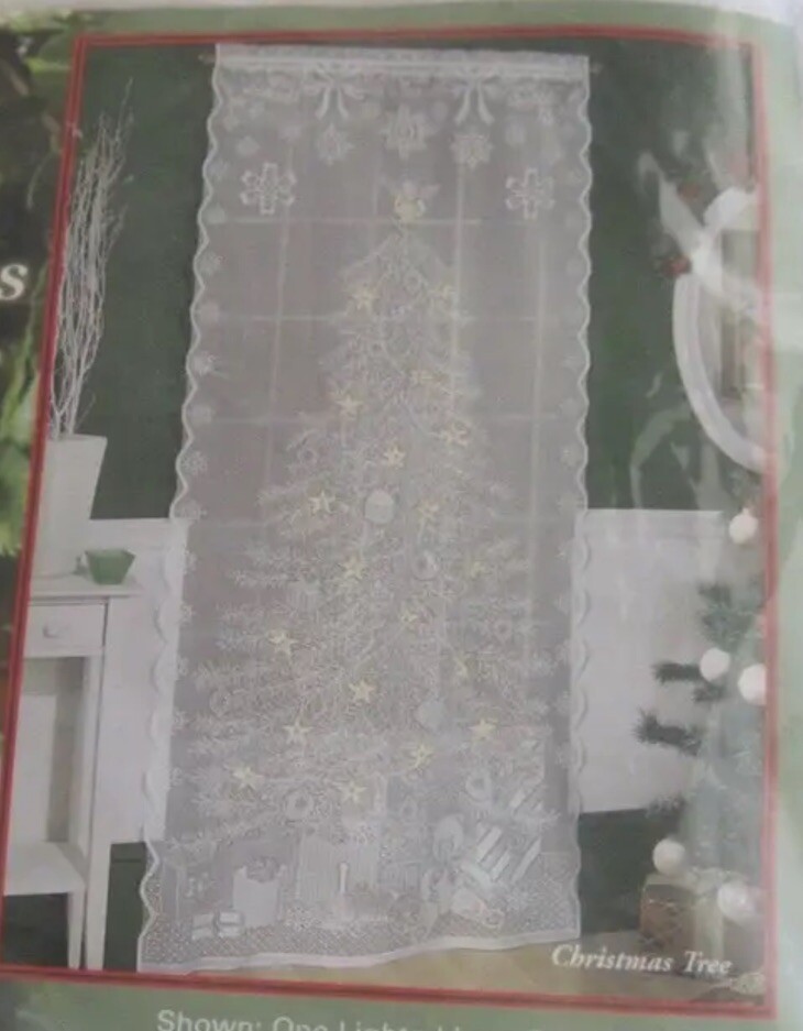 Christmas Tree Lace Curtain Panel 40" x 84" Quaker Lace 20 Light Kit Included gallery