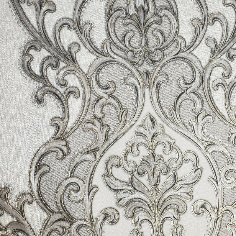 Embossed Victorian Vintage damask white gray bronze gold Textured Wallpaper roll gallery