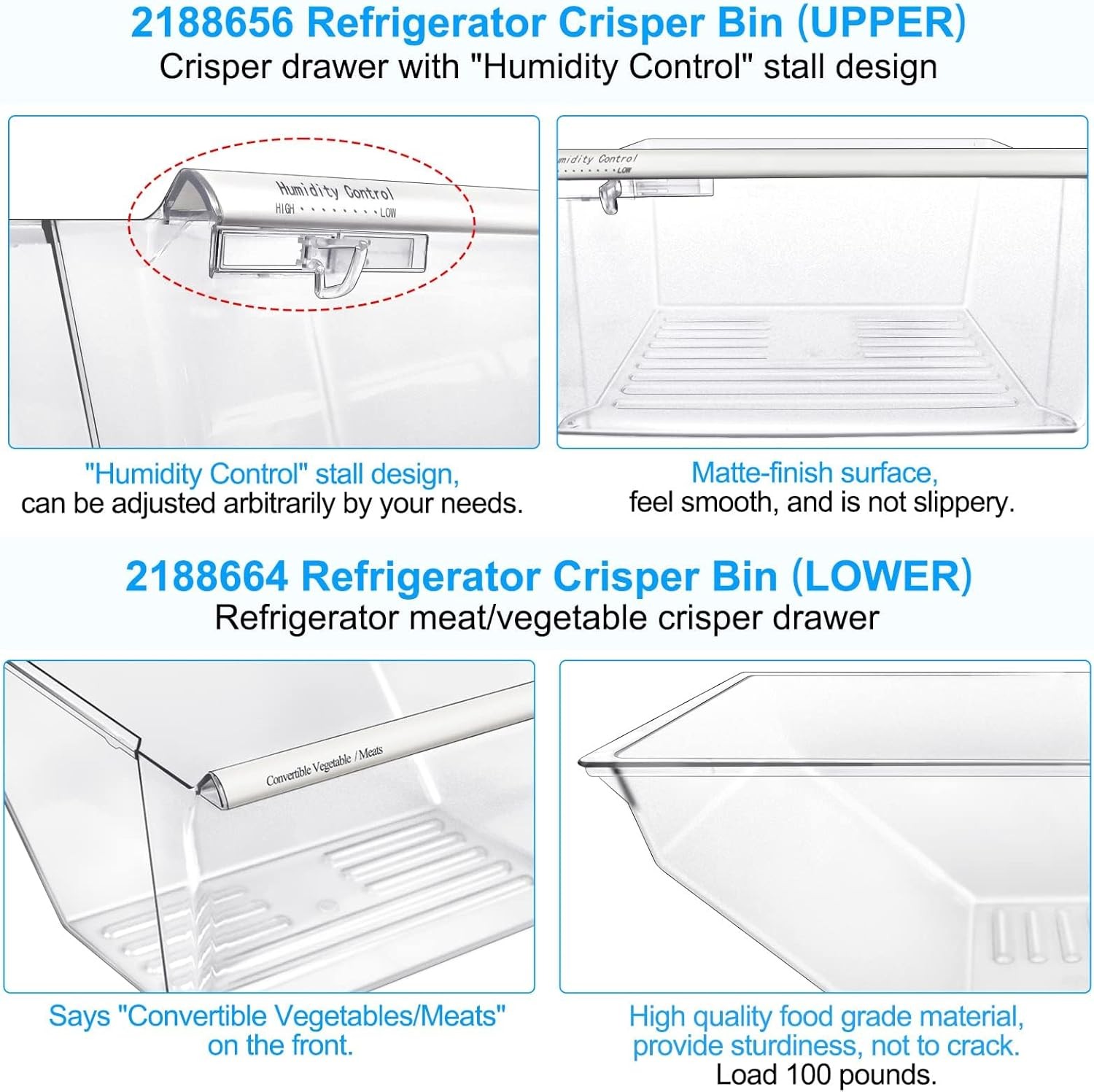 [2 Pack] 2188656 Fridge Crisper Bin UPPER & 2188664 Crisper Bin LOWER Replace gallery