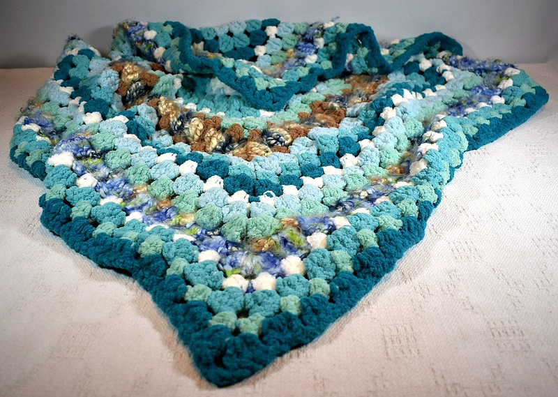 Handcrafted, Crocheted Square Afghan, Chunky Blue Brown, White & Teal- 44" x 42" gallery