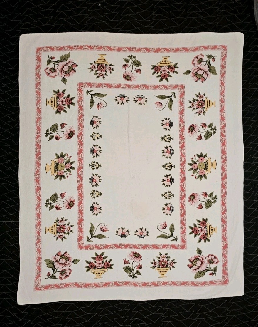 TERRY CLOTH Tablecloth Pink Floral Rectangle 50" x 59" White Green, Yellow Vtg gallery