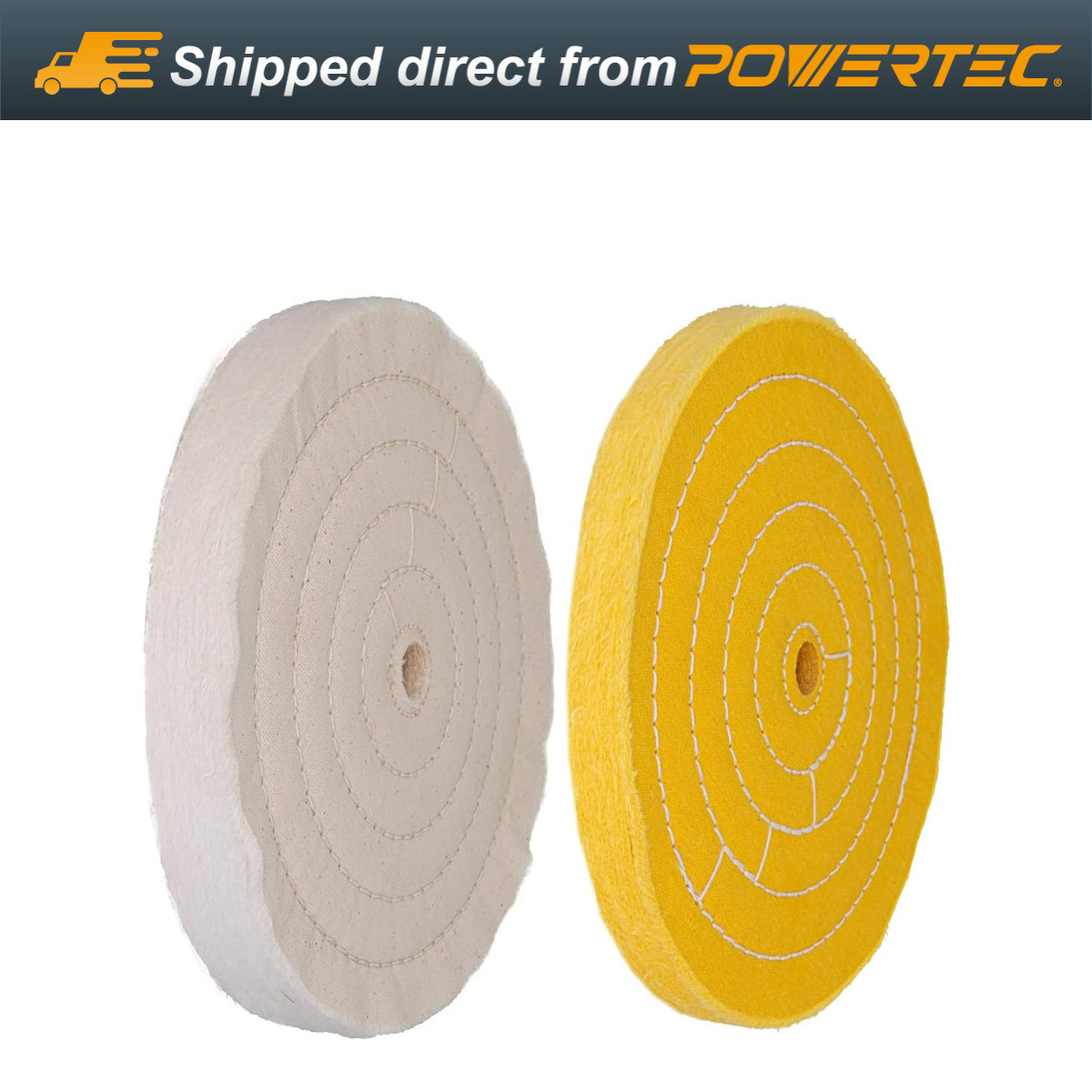 POWERTEC Assorted 8 Inch Buffing Wheels Set w/White and Yellow w/Arbor Hole, 2PK gallery