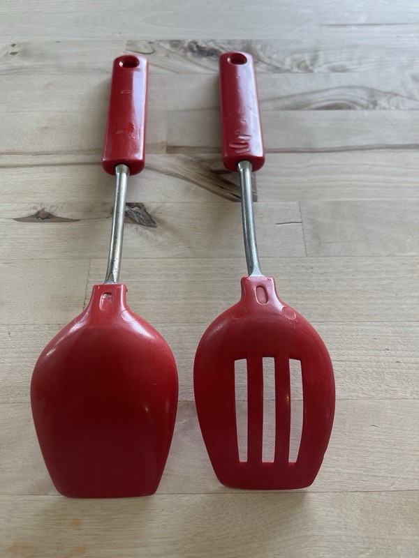 Vintage Ekco Nylon Slotted And Solid Serving Spoons 11” Red RARE Color gallery