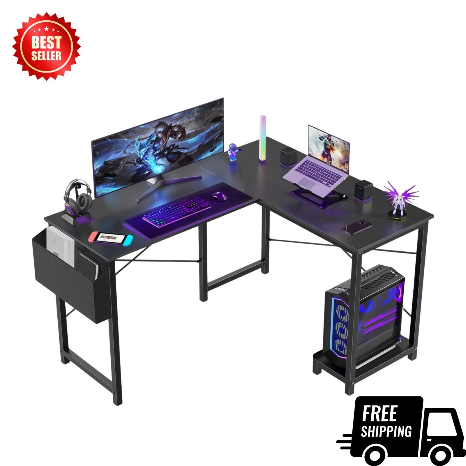 50" L-Shaped Gaming Desk – Corner Computer Desk with CPU Stand, Black gallery