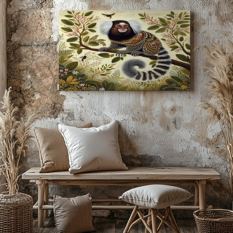 Whimsical Small Monkey on Branch with Detailed Foliage Canvas Wall Art Print gallery