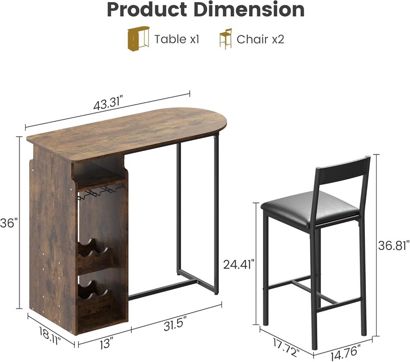 3 PCS Bar Table and Chairs for 2 Dining Room Table w/ Wine Rack and Glass Holder gallery