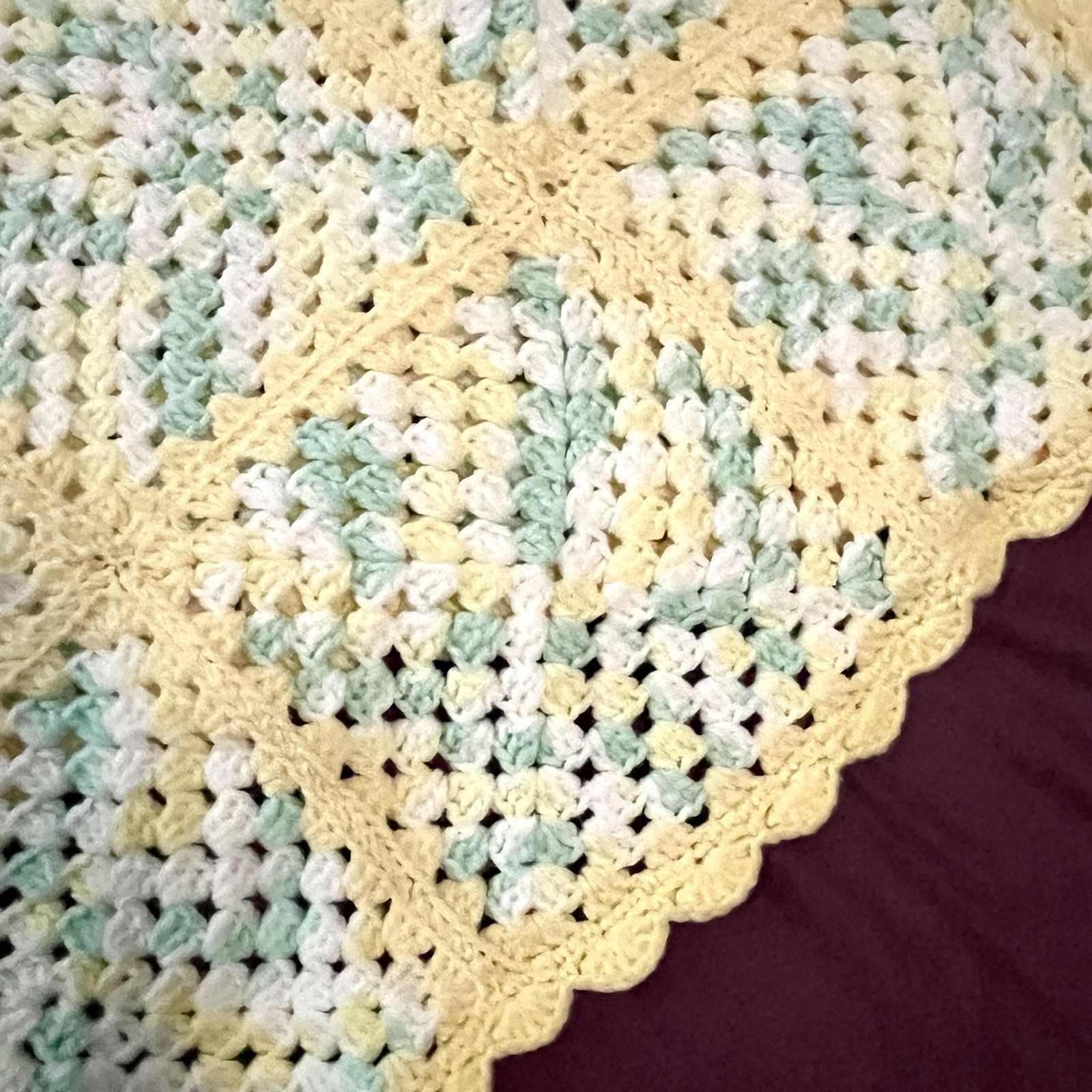 Granny Square Afghan White Yellow Green Approx 35” X 51” gallery