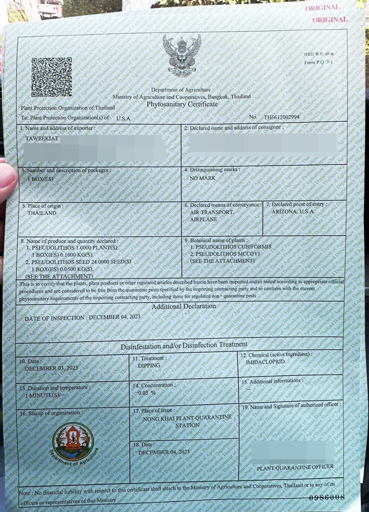 Phytosanitary certificate For Dorstenia Boswellia Pseudolithos and Haworthia