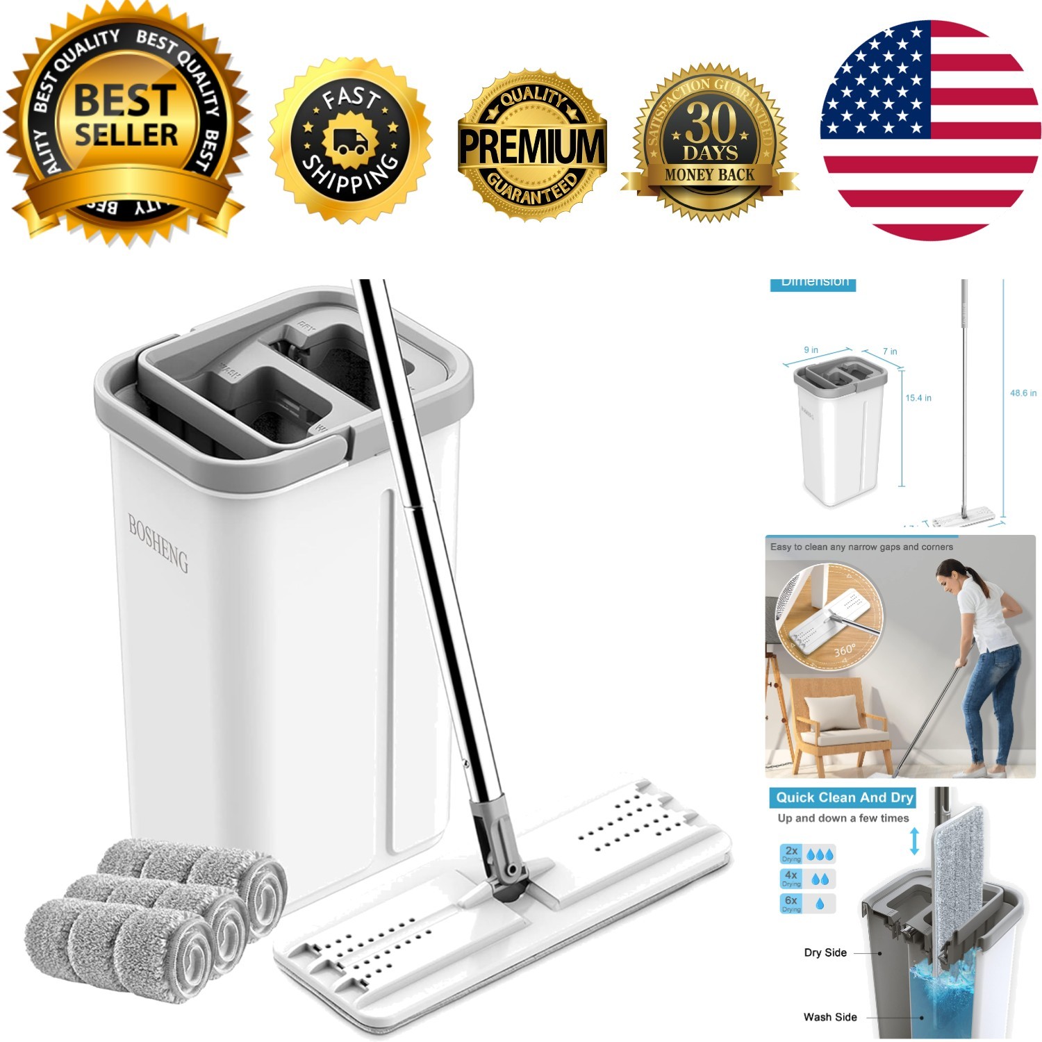 Compact 3-Pad Mop and Bucket Set - 360-Degree Rotation for Superior Cleaning gallery