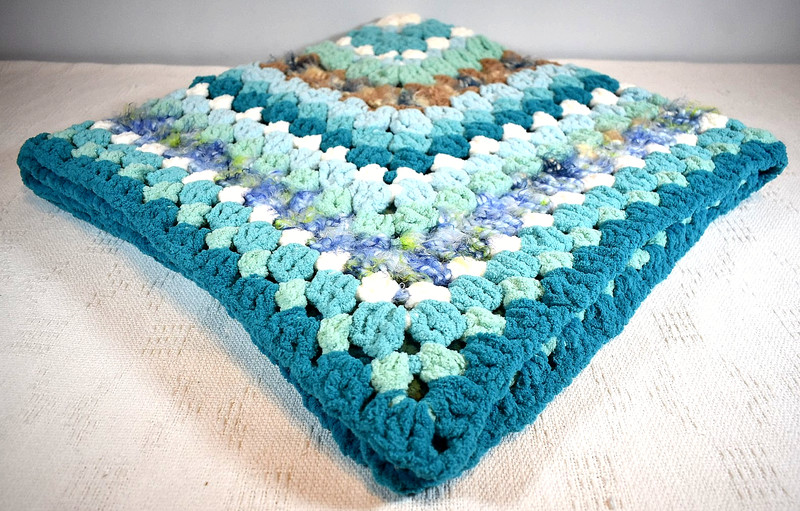 Handcrafted, Crocheted Square Afghan, Chunky Blue Brown, White & Teal- 44" x 42" gallery