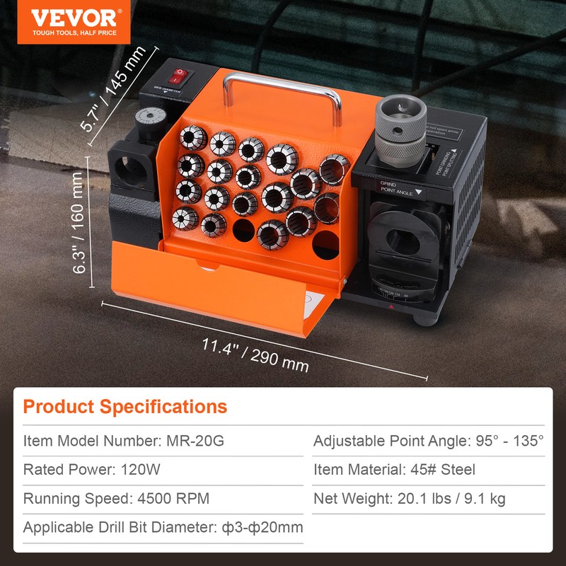 VEVOR MR-20G Drill Bits Sharpener 3-20mm Bits Grinder Sharpener & 18 Collets gallery