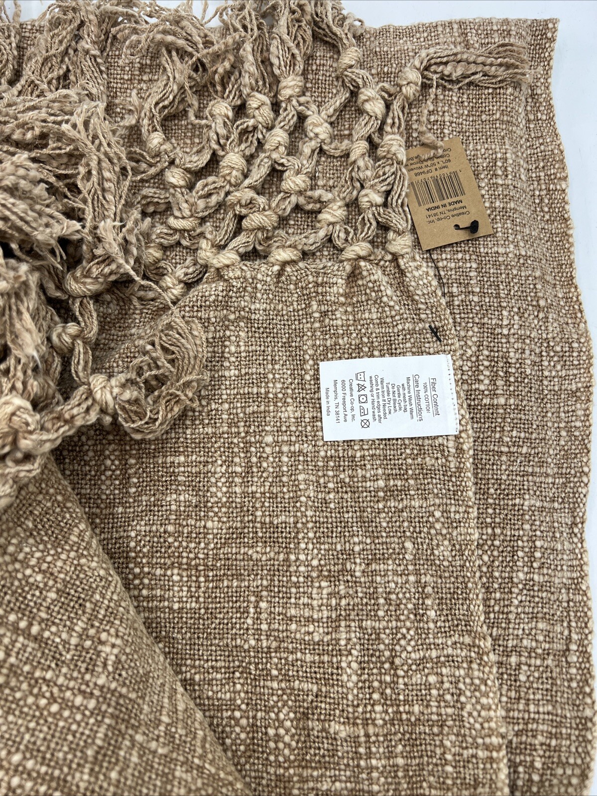 Creative Co-Op Woven Cotton Slub Throw Blanket w/ Crotchet & Fringe Brown Blanke gallery