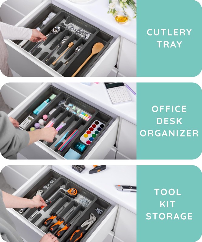 JULY HOME Expandable Kitchen Drawer Organizer - Plastic 10"L x 10"W, Black gallery