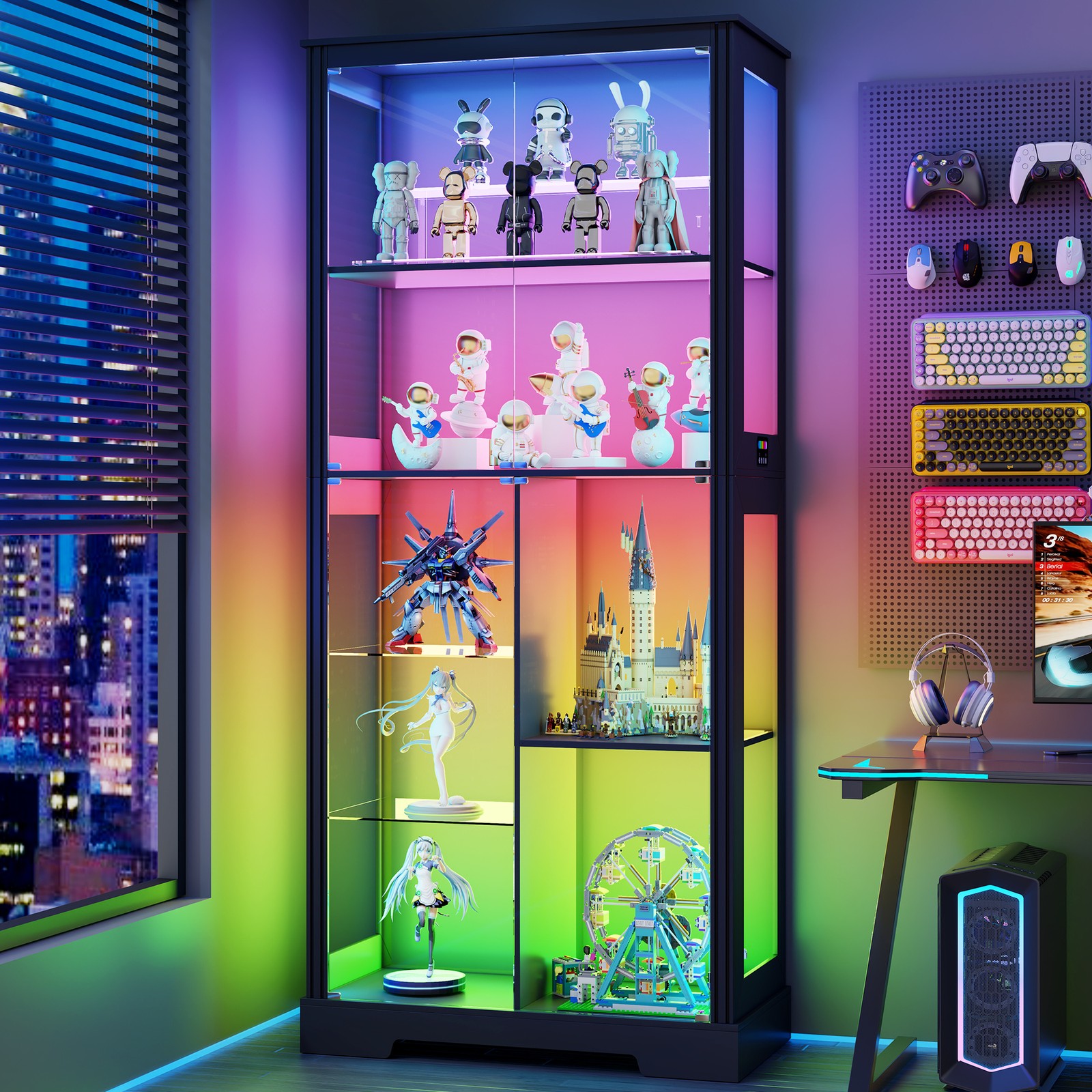 71" Tall Glass Cabinet Display Case with RGB Lights and Doors for Collectibles gallery