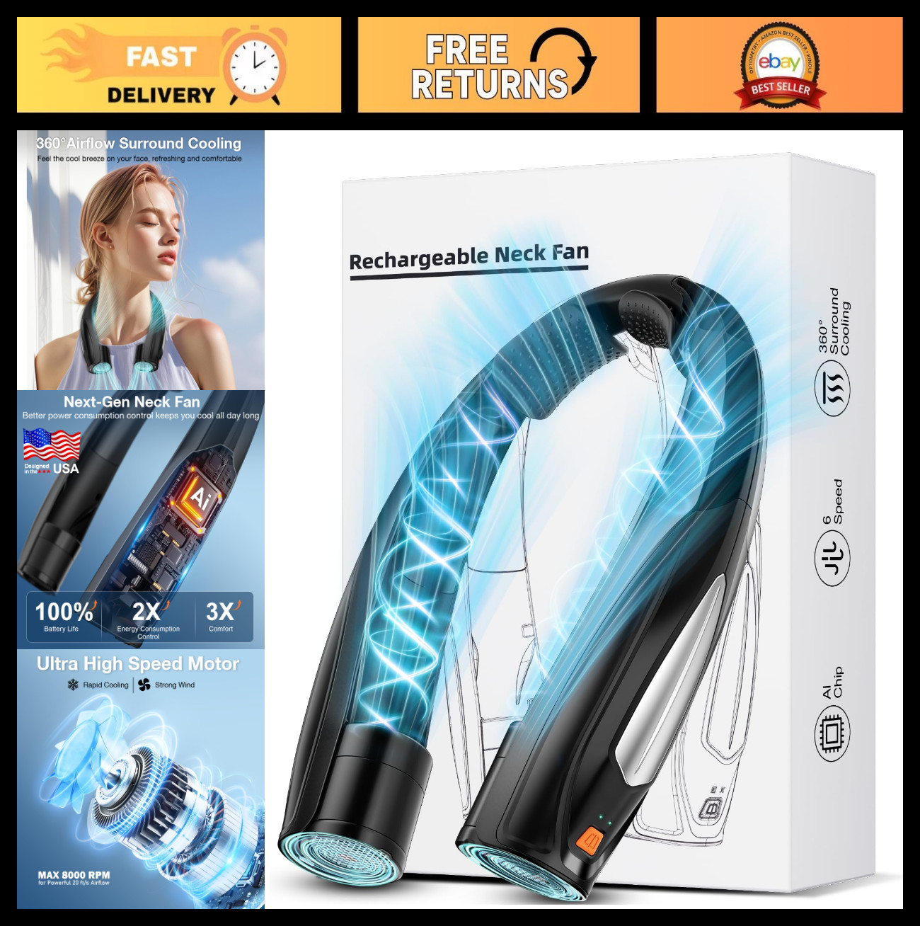 Portable Wearable Neck Fan - 6 Speed Adjustable, Rechargeable, Ultra Quiet for H gallery