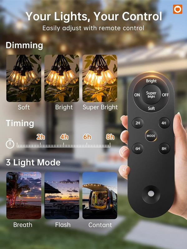 35FT Solar String Lights Outdoor, IP54 Waterproof Solar Powered with Remote & US gallery