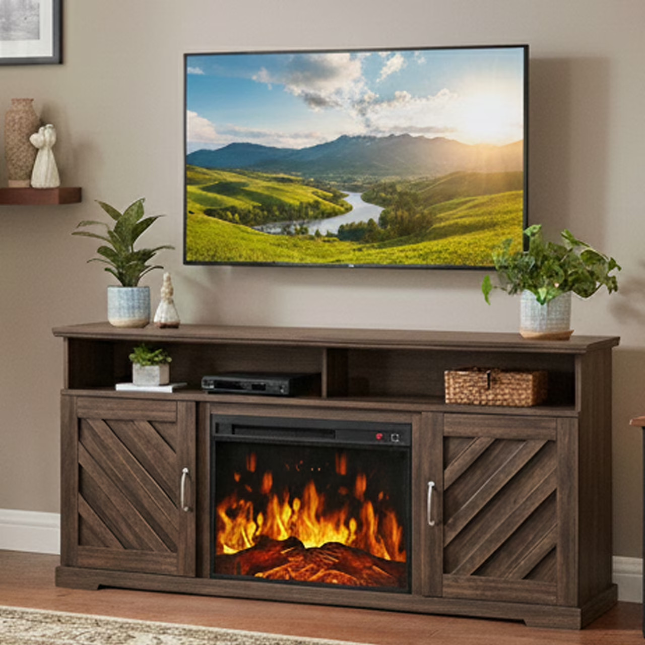 Farmhouse Fireplace Entertainment Centers TV Stand Up To 75 In Remote ControlNEW gallery