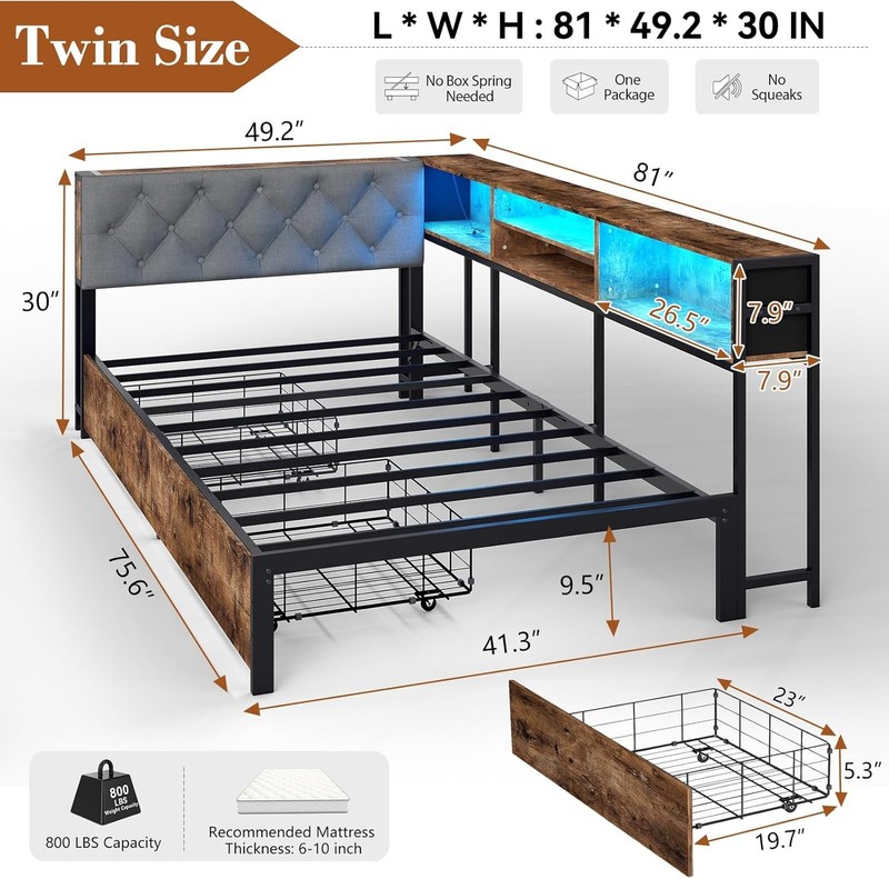 Corner Bed Frame with Storage Bookcase Twin / XL Daybed Kids Bed with Charging gallery