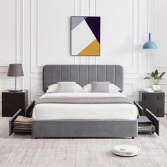 Upholstered Bed Frame + 4 Storage Drawer Platform Queen Full Size with Headboard
