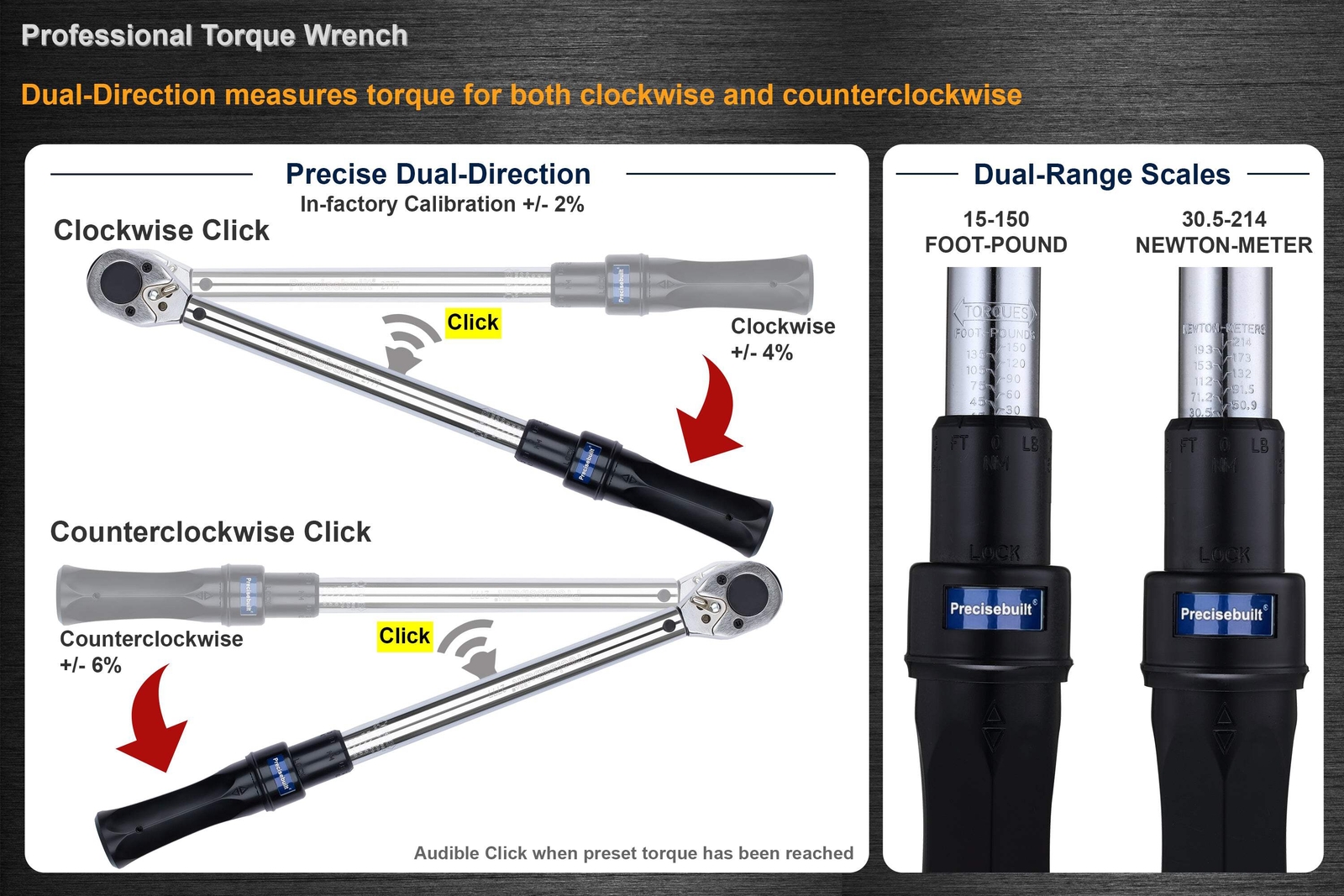 Precisebuilt 1/2" Drive 15-150 ft-lb (Nm) Dual-Direction Click Pro Torque Wrench gallery