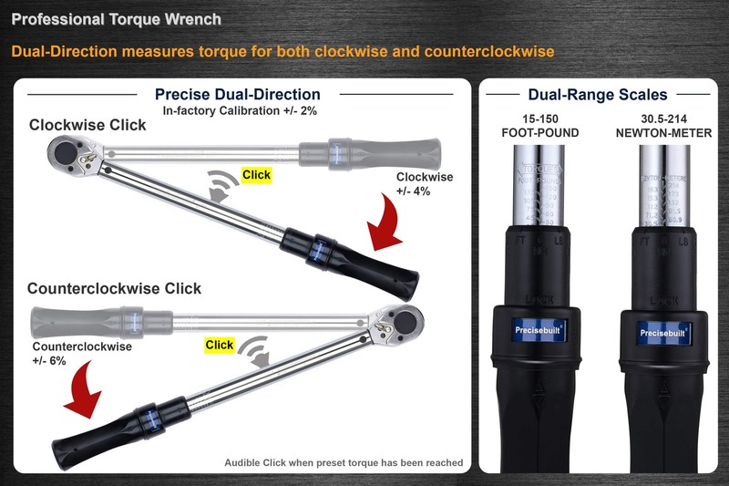 Precisebuilt 1/2" Drive 15-150 ft-lb (Nm) Dual-Direction Click Pro Torque Wrench gallery