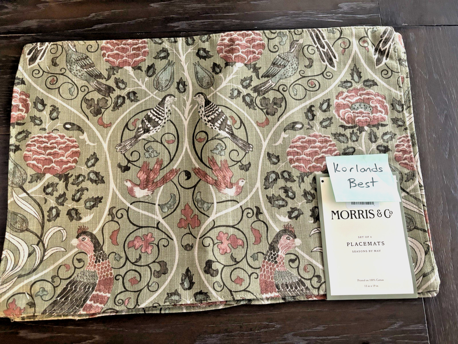 NEW MORRIS & CO PLACEMATS SEASONS BY MAY GREEN BROWN 13 x 19 100% COTTON gallery