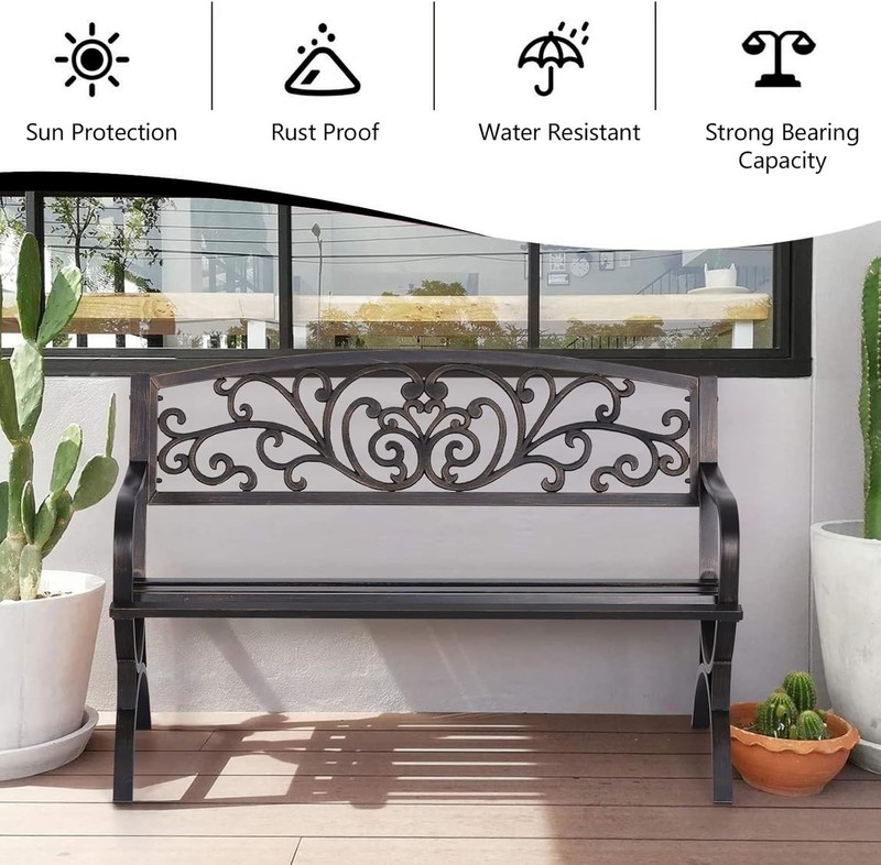 Sturdy Bronze Outdoor Bench for 3 - Elegant Floral Vine Design, Easy Assembly gallery