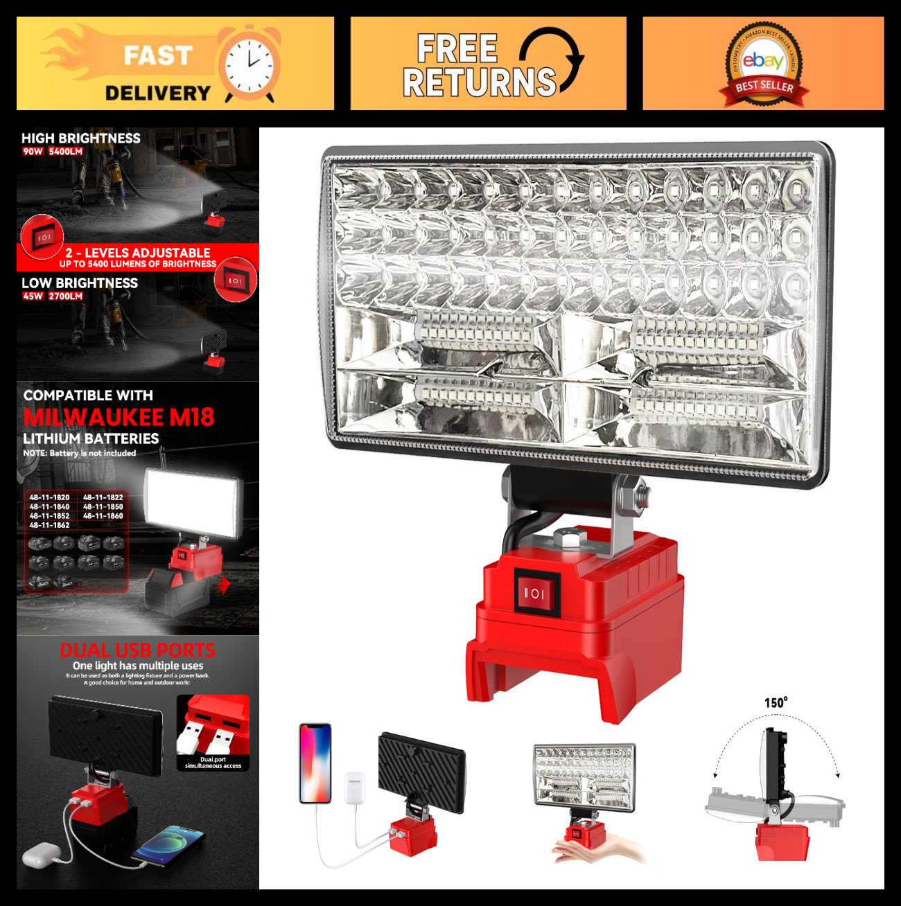 8" Cordless LED Work Light, 90W 5400 Lumens, USB Charging, Adjustable Floodlight gallery