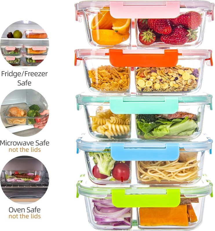 Glass Meal Prep Containers 2 Compartment with Lids (5 Pack, 34oz), Divided Glass gallery