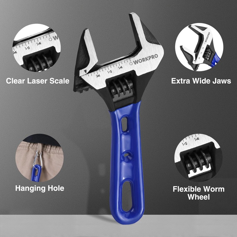 WORKPRO 4-inch Stubby Adjustable Wrench Extra Wide Jaw Opening Wrench Metric/SAE gallery