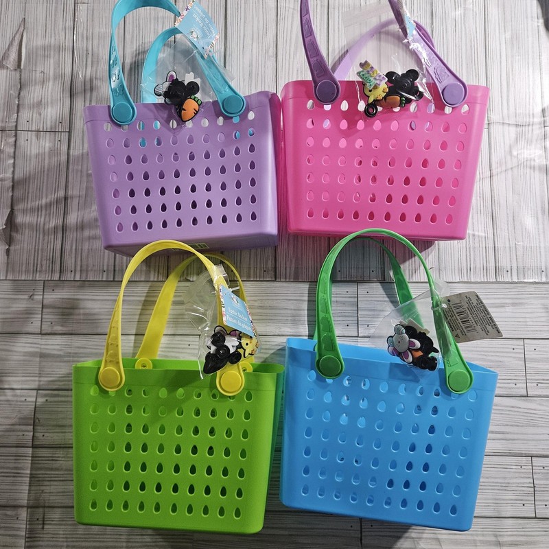 4X VIRAL EASTER MINI BOGG TOTE BASKETS BLUE, GREEN, PINK, PURPLE W/ CHARMS gallery