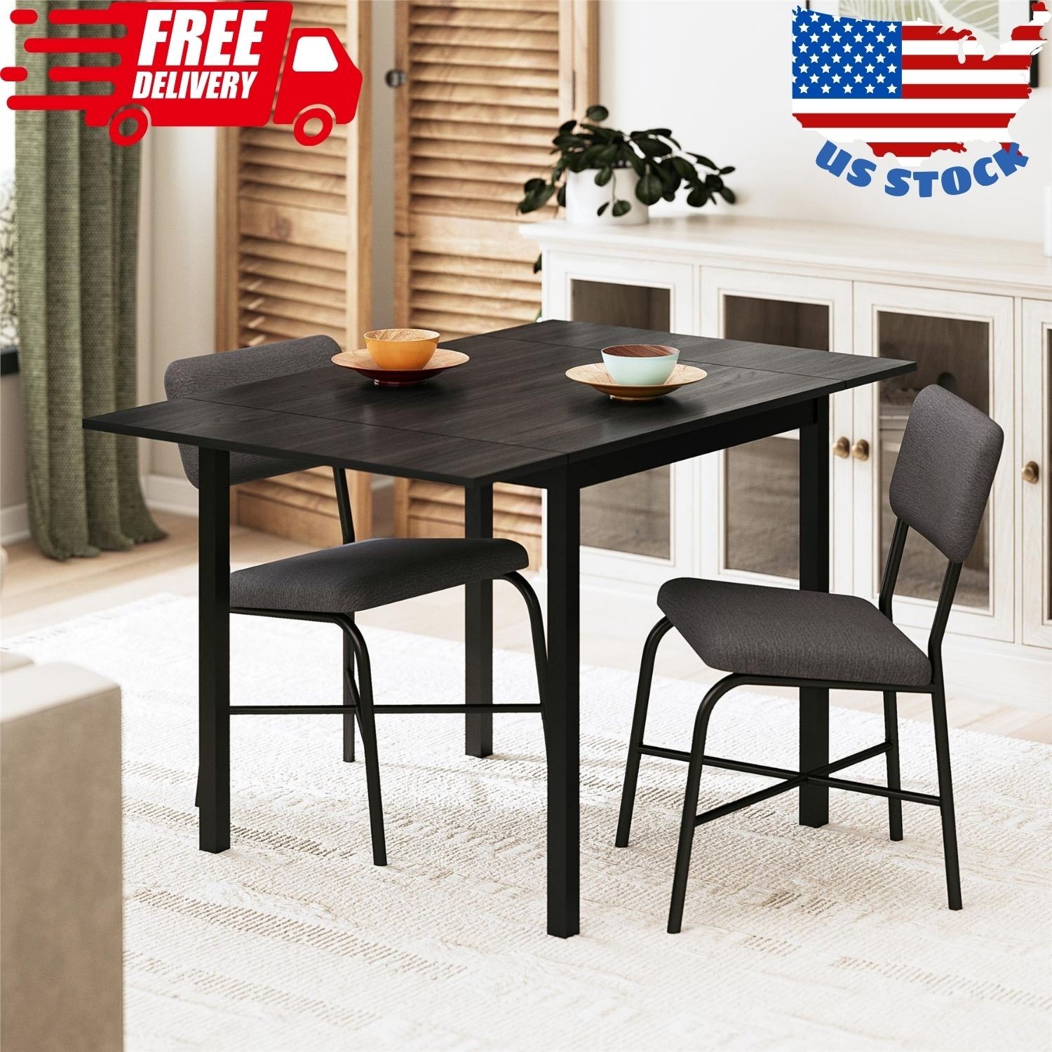 3-Piece Drop Leaf Table and Dining Chair Set, Black gallery