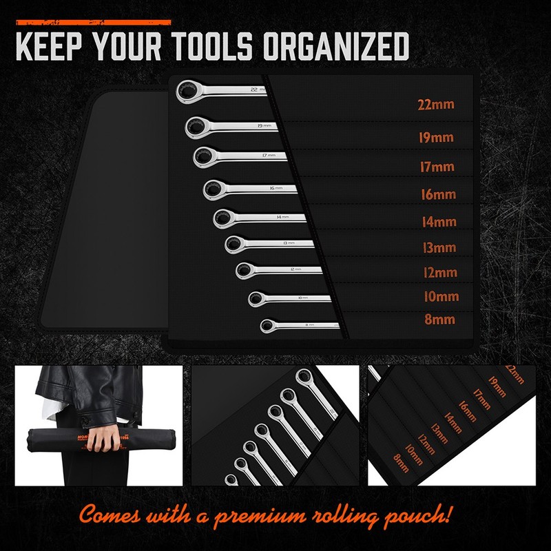 10PC Extra Long Ratcheting Wrench Set Double Box Spanner 8-19MM With Storage Bag gallery