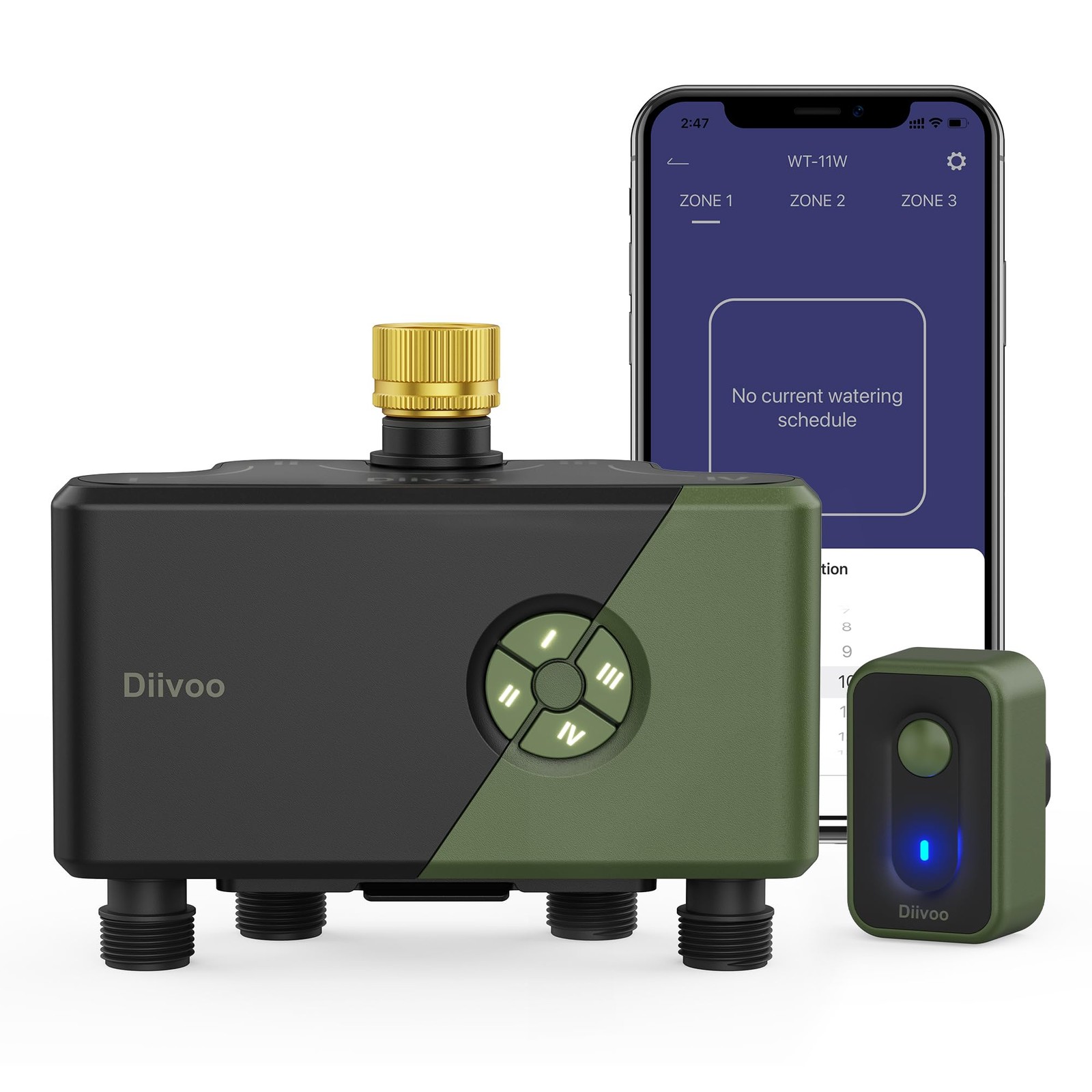 Diivoo 4 Zone WiFi Water Timer with Brass Inlet, Smart Hose 4 Outlets, Green gallery