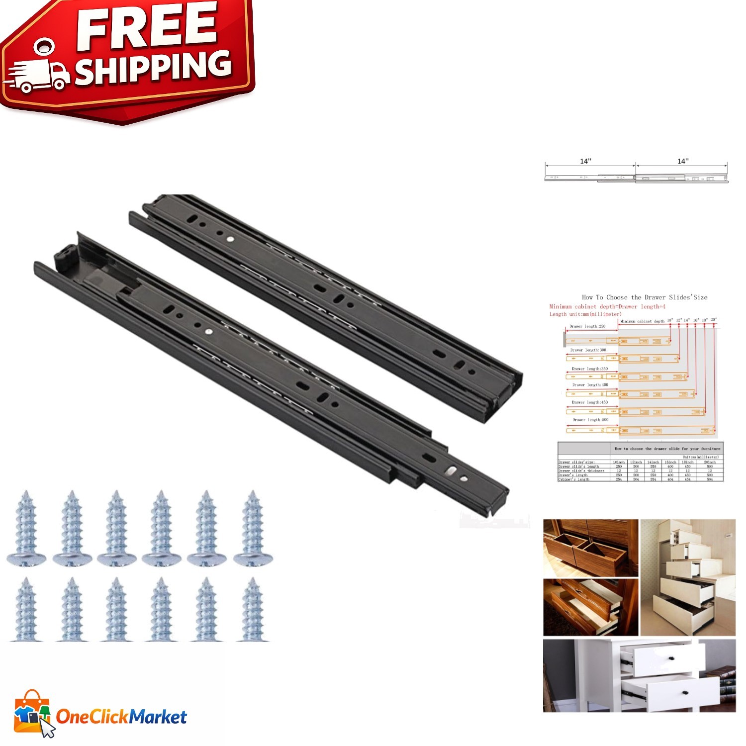 14-Inch Full Extension Ball Bearing Drawer Slides – Less Noise, 100lbs Capacity gallery
