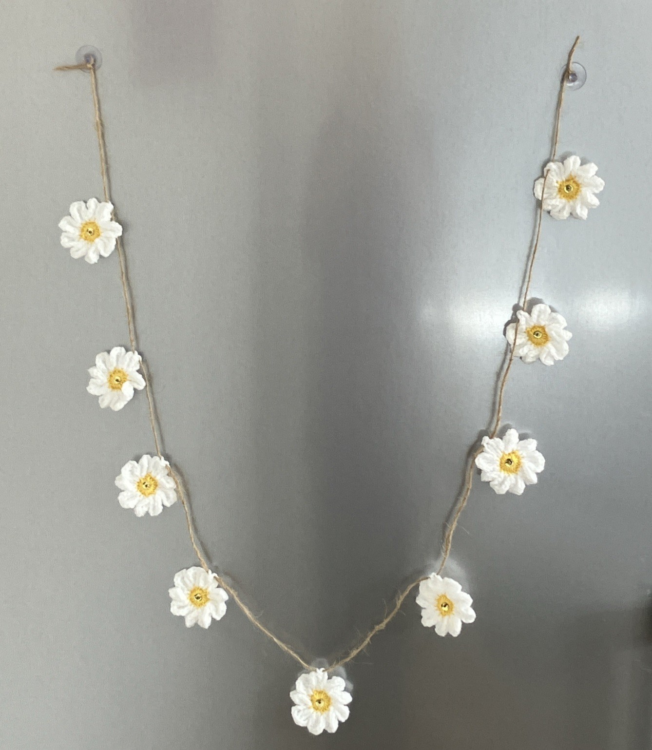 🌼 NEW Hand Crochet daisy Jute Rustic Bunting sequin camper Gift gallery