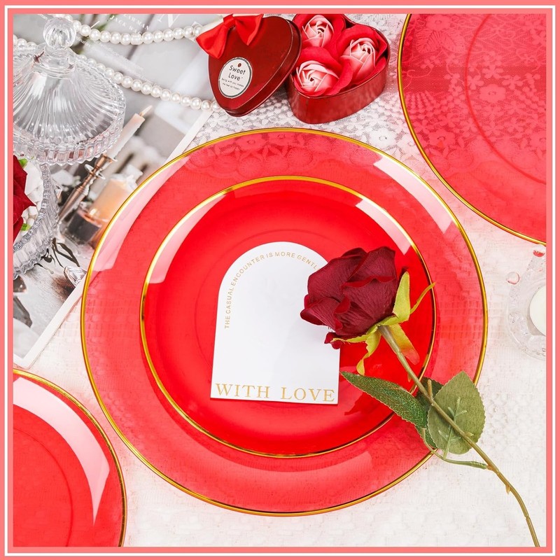 180-Pcs Red Plastic Dinnerware Set with Gold Accents - Hand Wash Only gallery