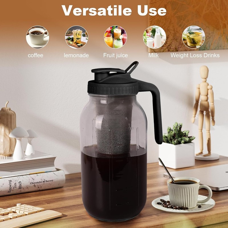 Cold Brew Coffee Maker,64 oz Mason Jar Pitcher with Stainless Steel Filter, Pour gallery