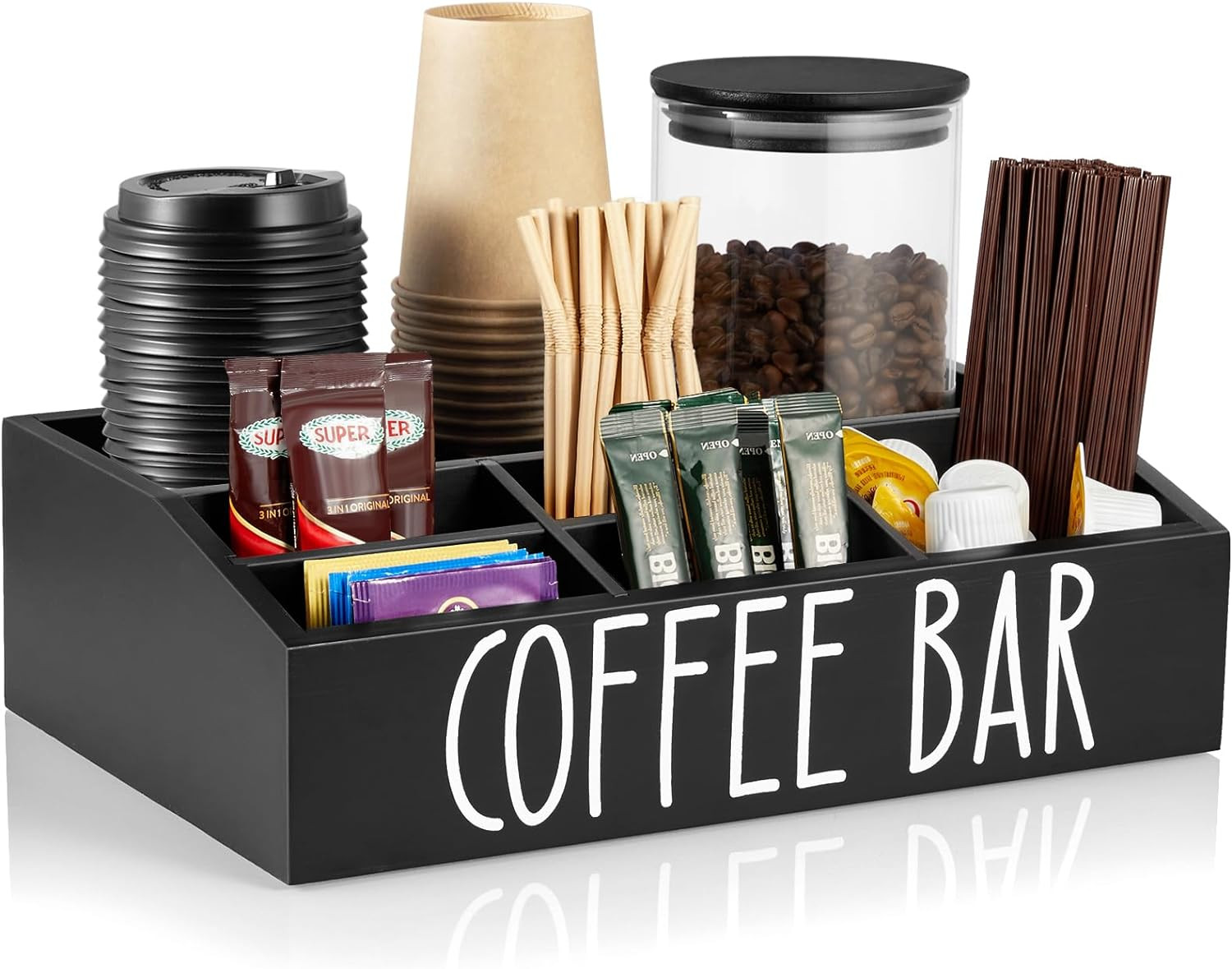 Coffee Station Organizer Removable Dividers 7 Compartment Black Condiment Holder gallery
