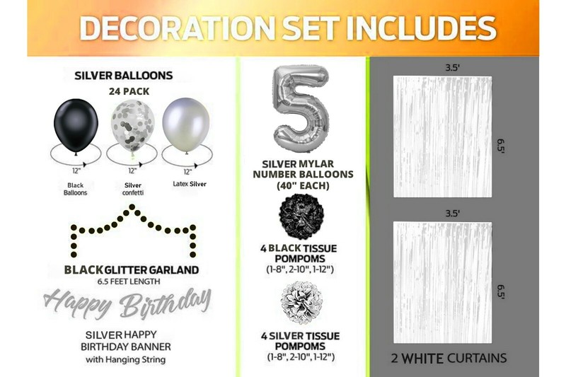 Silver & Black 5th Birthday Decorations - 40" Number Balloons & More Boy or Girl gallery