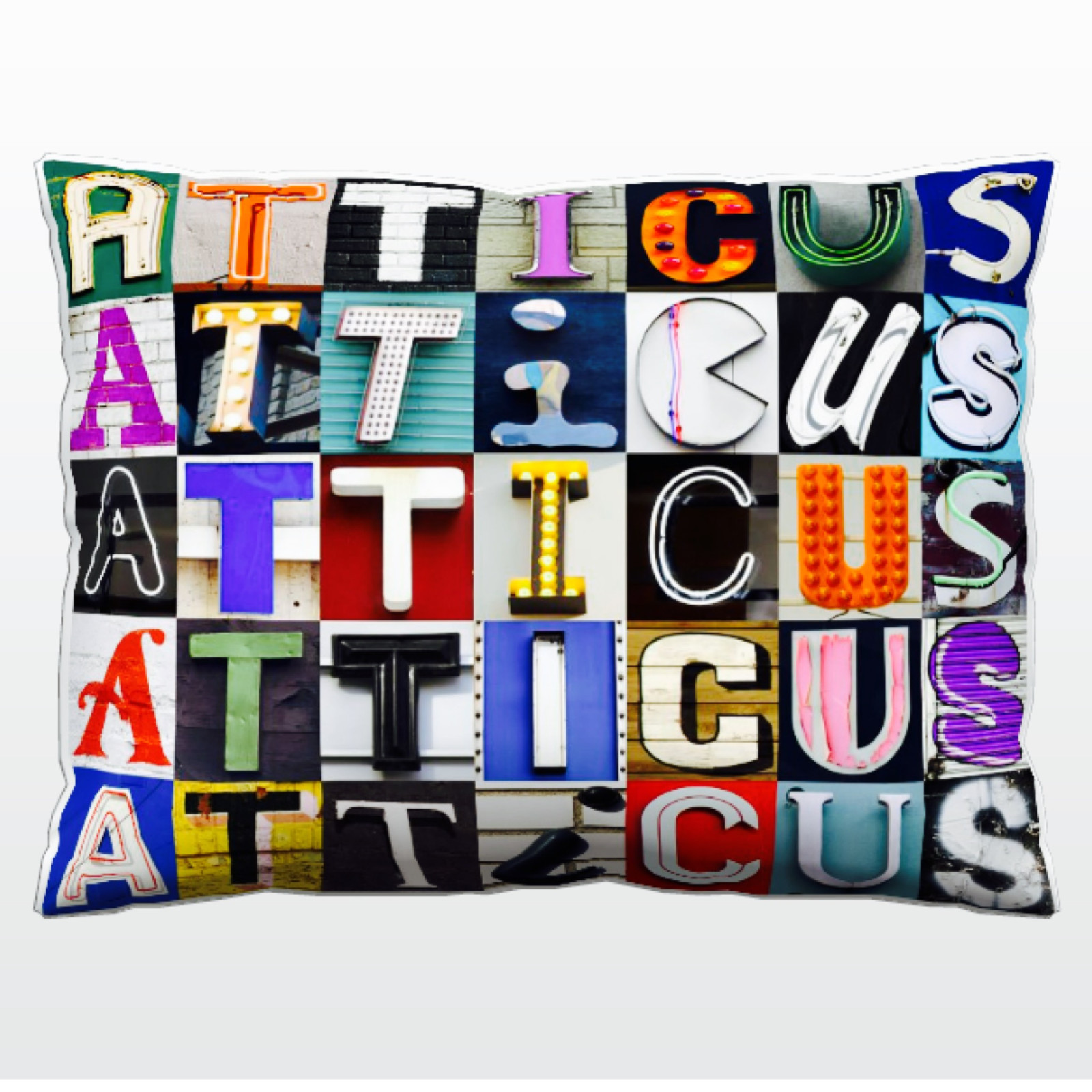 Personalized Pillow featuring the name ATTICUS in photos of sign letters gallery