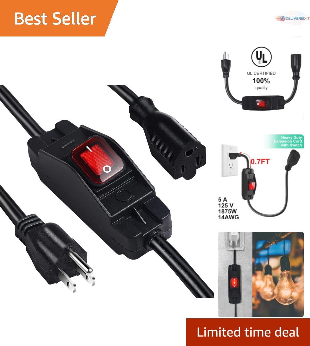 Versatile 1.5 Ft Outdoor Extension Cord with On/Off Waterproof Switch - 125V/15A gallery