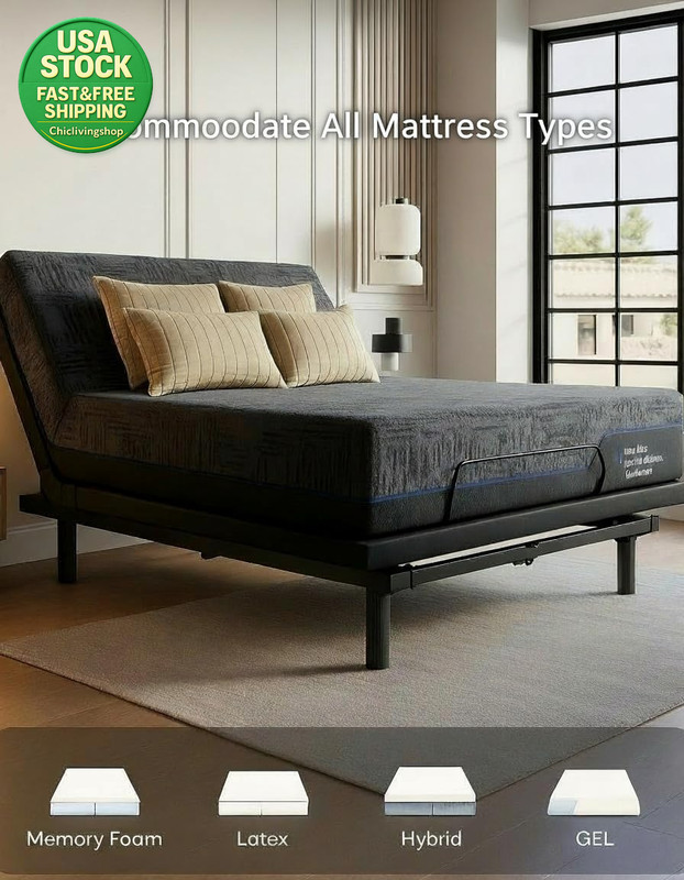 Queen Adjustable Bed Frame Massage USB Ports LED Light Head Foot Incline gallery