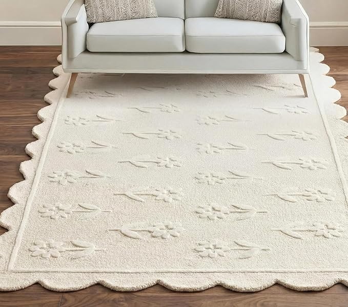 Hand Tufted Wool Rug - Elegant Wavy Border & Raised Floral Design - Modern Boho gallery